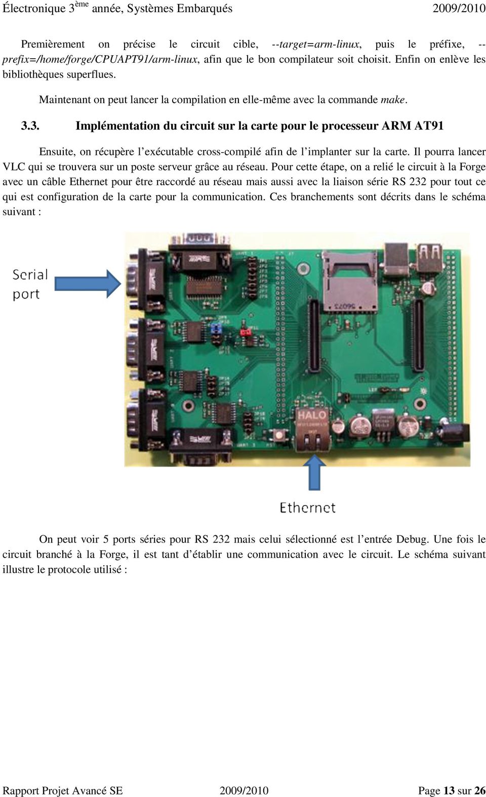 3. Implémentation du circuit sur la carte pour le processeur ARM AT91 Ensuite, on récupère l exécutable cross-compilé afin de l implanter sur la carte.