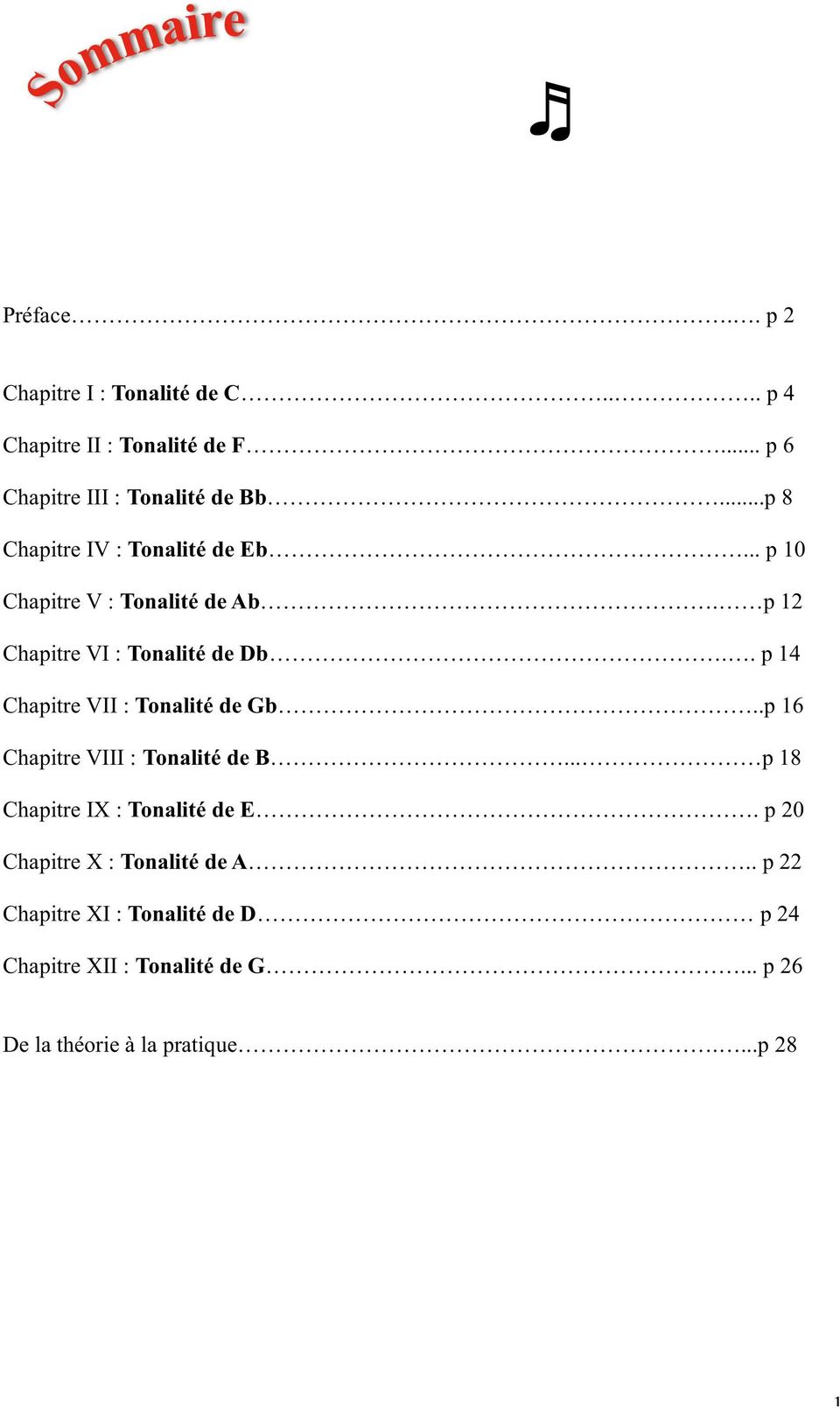 . p 14 Chapitre VII : Tonalité de Gb..p 16 Chapitre VIII : Tonalité de B... p 18 Chapitre IX : Tonalité de E.