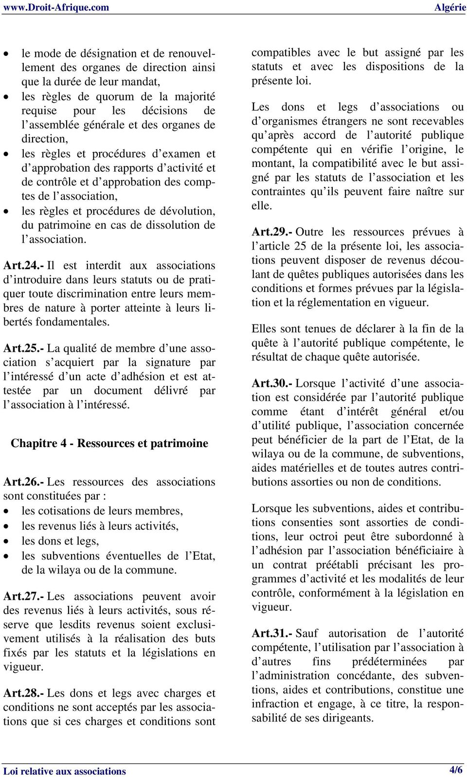 du patrimoine en cas de dissolution de l association. Art.24.