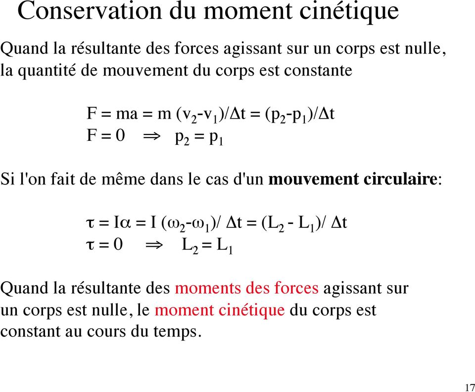 dans le cas d'un mouvement circulaire: τ = Iα = I (ω 2 -ω 1 )/ Δt = (L 2 - L 1 )/ Δt τ = 0 L 2 = L 1 Quand la