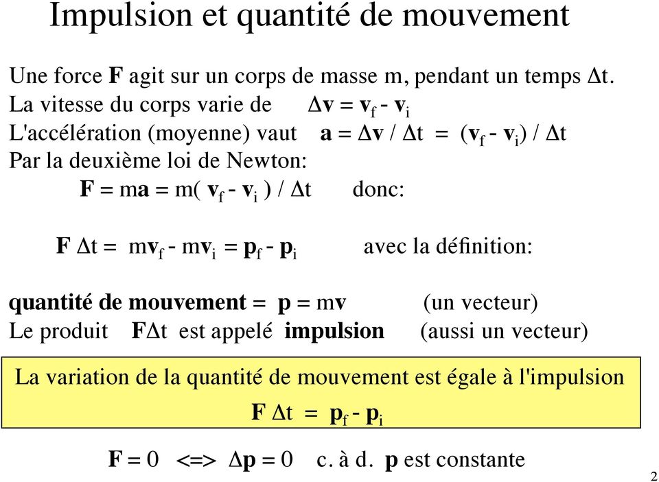 Newton: F = ma = m( v f - v i ) / Δt donc: F Δt = mv f - mv i = p f - p i avec la définition: quantité de mouvement = p = mv (un