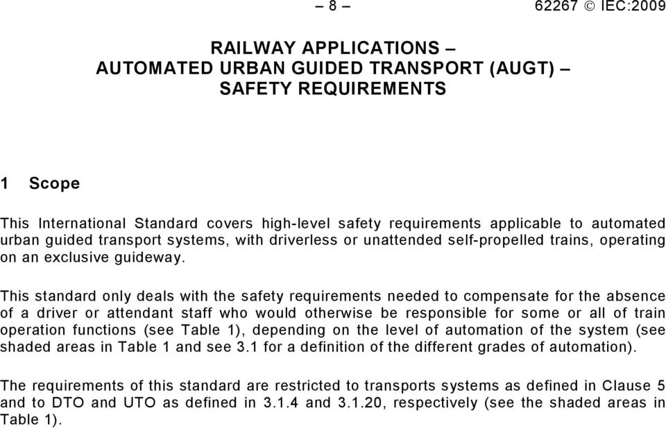 This standard only deals with the safety requirements needed to compensate for the absence of a driver or attendant staff who would otherwise be responsible for some or all of train operation