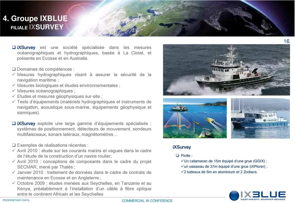 mesures géophysiques sur-site ; Tests d équipements (matériels hydrographiques et instruments de navigation, acoustique sous-marine, équipements géophysique et sismiques).