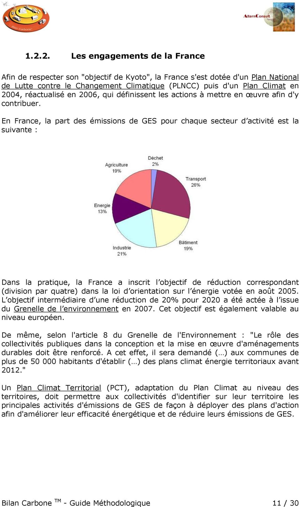 En France, la part des émissions de GES pour chaque secteur d activité est la suivante : Dans la pratique, la France a inscrit l objectif de réduction correspondant (division par quatre) dans la loi