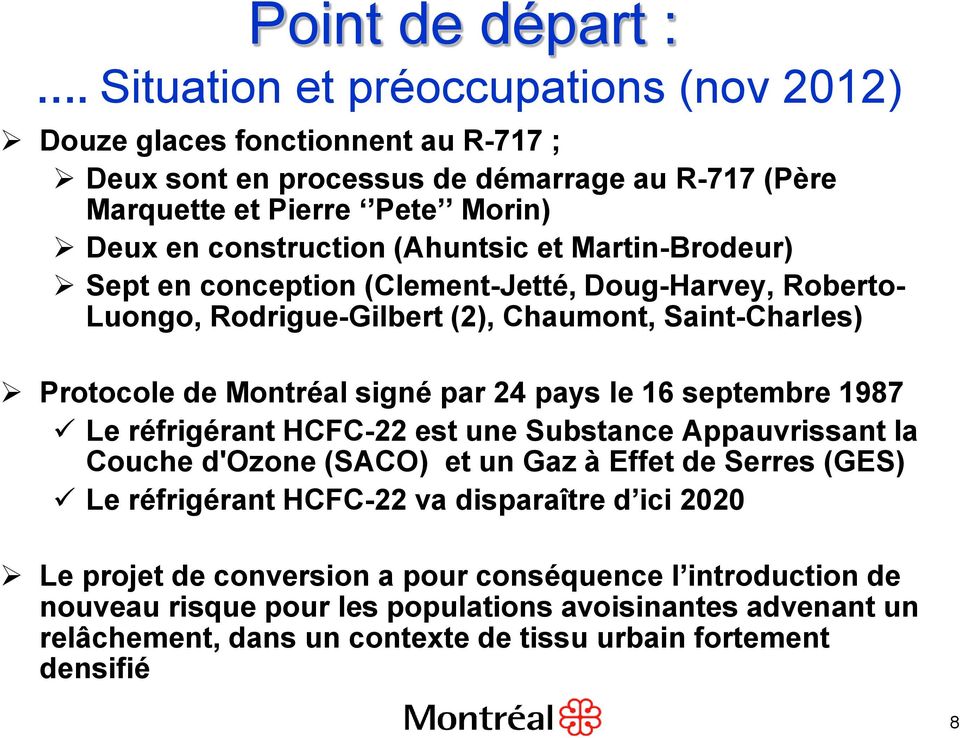 (Ahuntsic et Martin-Brodeur) Sept en conception (Clement-Jetté, Doug-Harvey, Roberto- Luongo, Rodrigue-Gilbert (2), Chaumont, Saint-Charles) Protocole de Montréal signé par 24 pays le 16