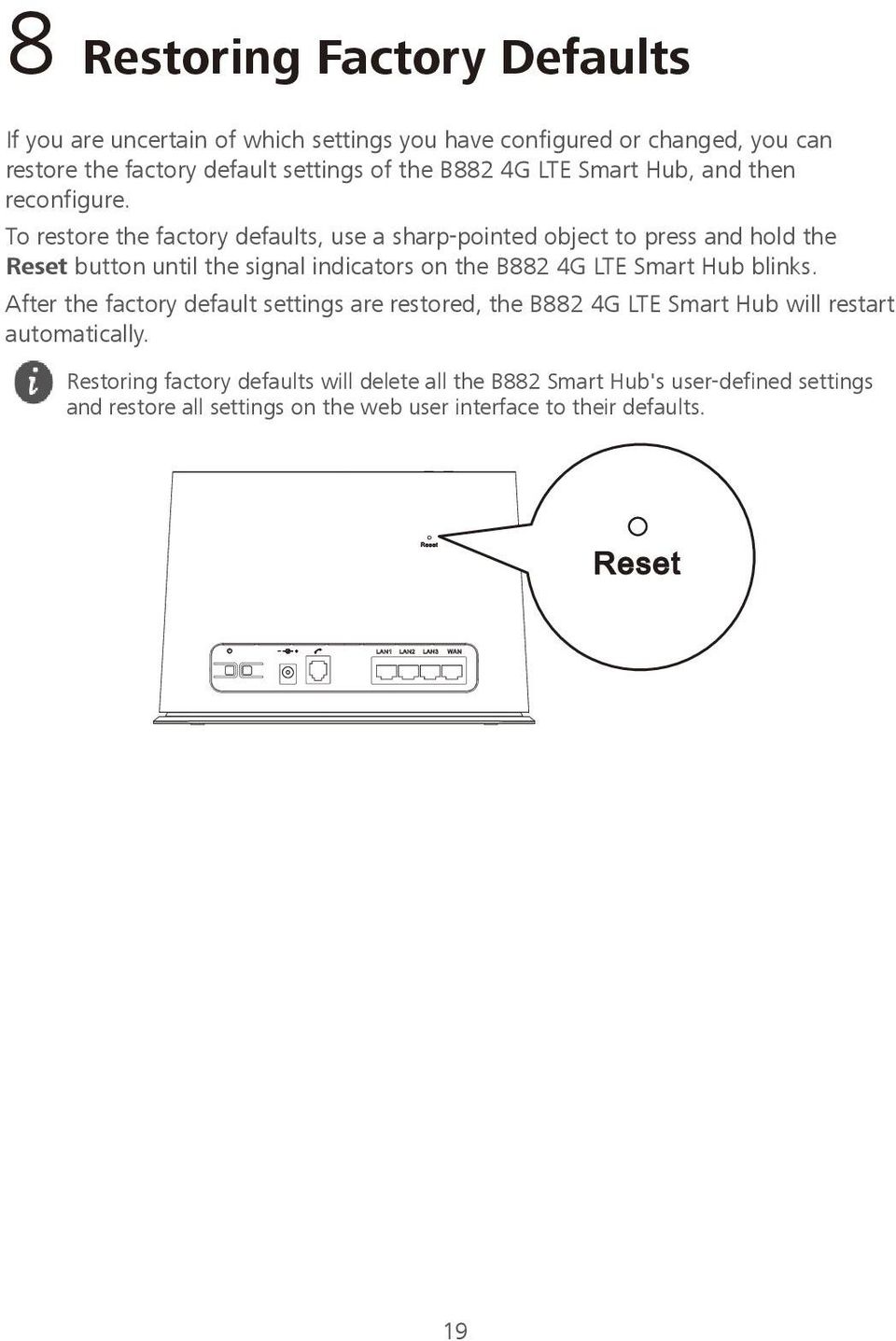 To restore the factory defaults, use a sharp-pointed object to press and hold the Reset button until the signal indicators on the B882 4G LTE Smart Hub