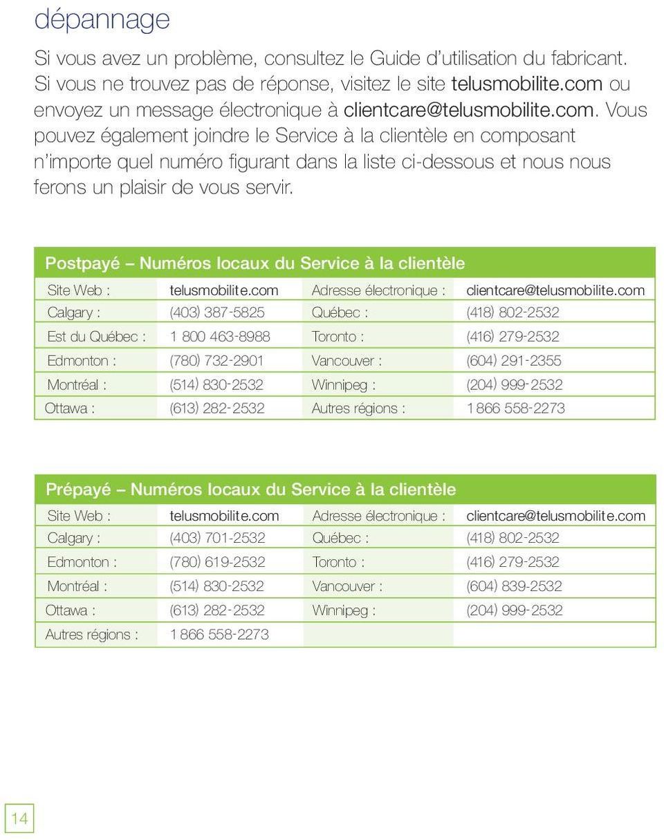 Postpayé Numéros locaux du Service à la clientèle Site Web : telusmobilite.com Adresse électronique : clientcare@telusmobilite.