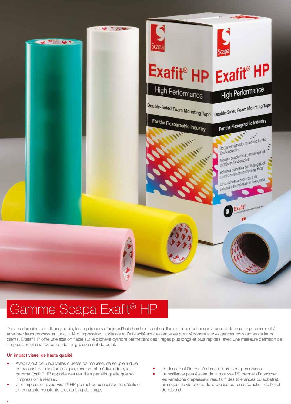 Exafit HP offre une fixation fiable sur le cliché/le cylindre permettant des tirages plus longs et plus rapides, avec une meilleure définition de l impression et une réduction de l engraissement du