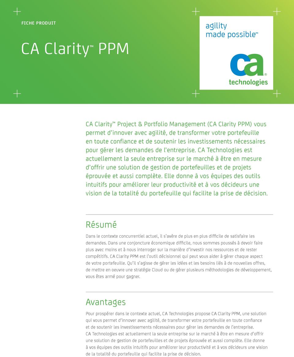 CA Clarity PPM. Résumé. Avantages. agility made possible - PDF  Téléchargement Gratuit