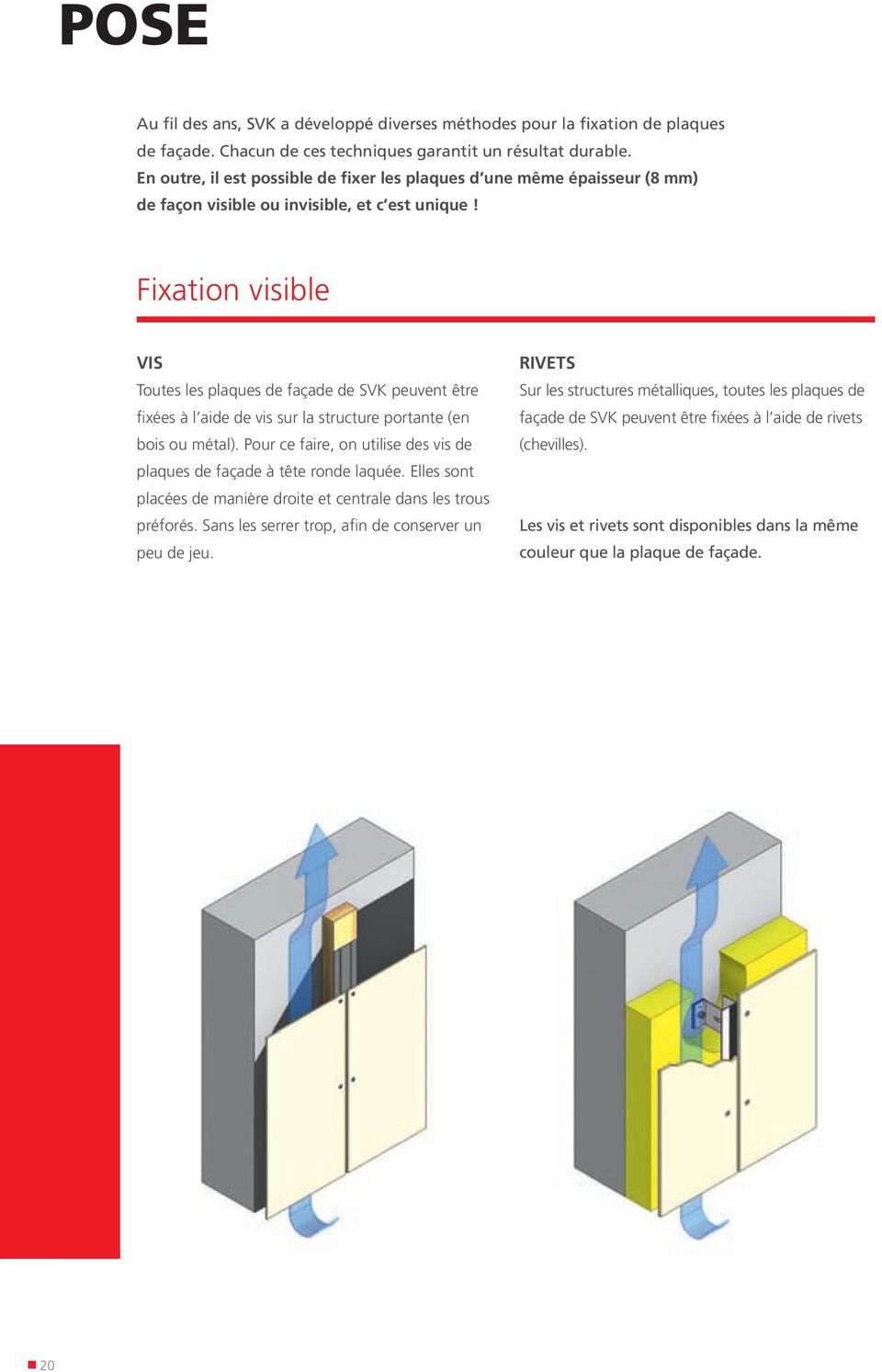 Fixation visible VIS Toutes les plaques de façade de SVK peuvent être fixées à l aide de vis sur la structure portante (en bois ou métal).