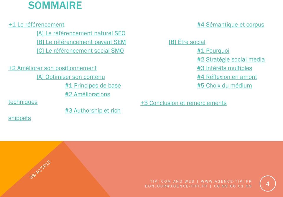 rich snippets #4 Sémantique et corpus [B] Être social #1 Pourquoi #2 Stratégie social media #3 Intérêts multiples #4