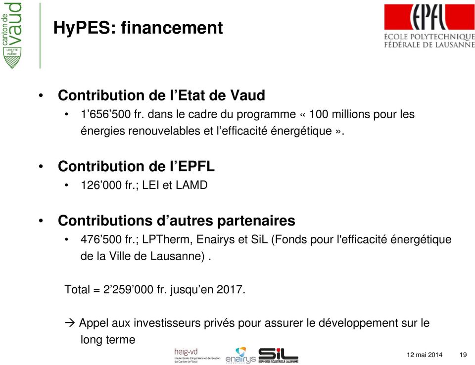 Contribution o de l EPFL 126 000 fr.; LEI et LAMD Contributions d autres partenaires 476 500 fr.
