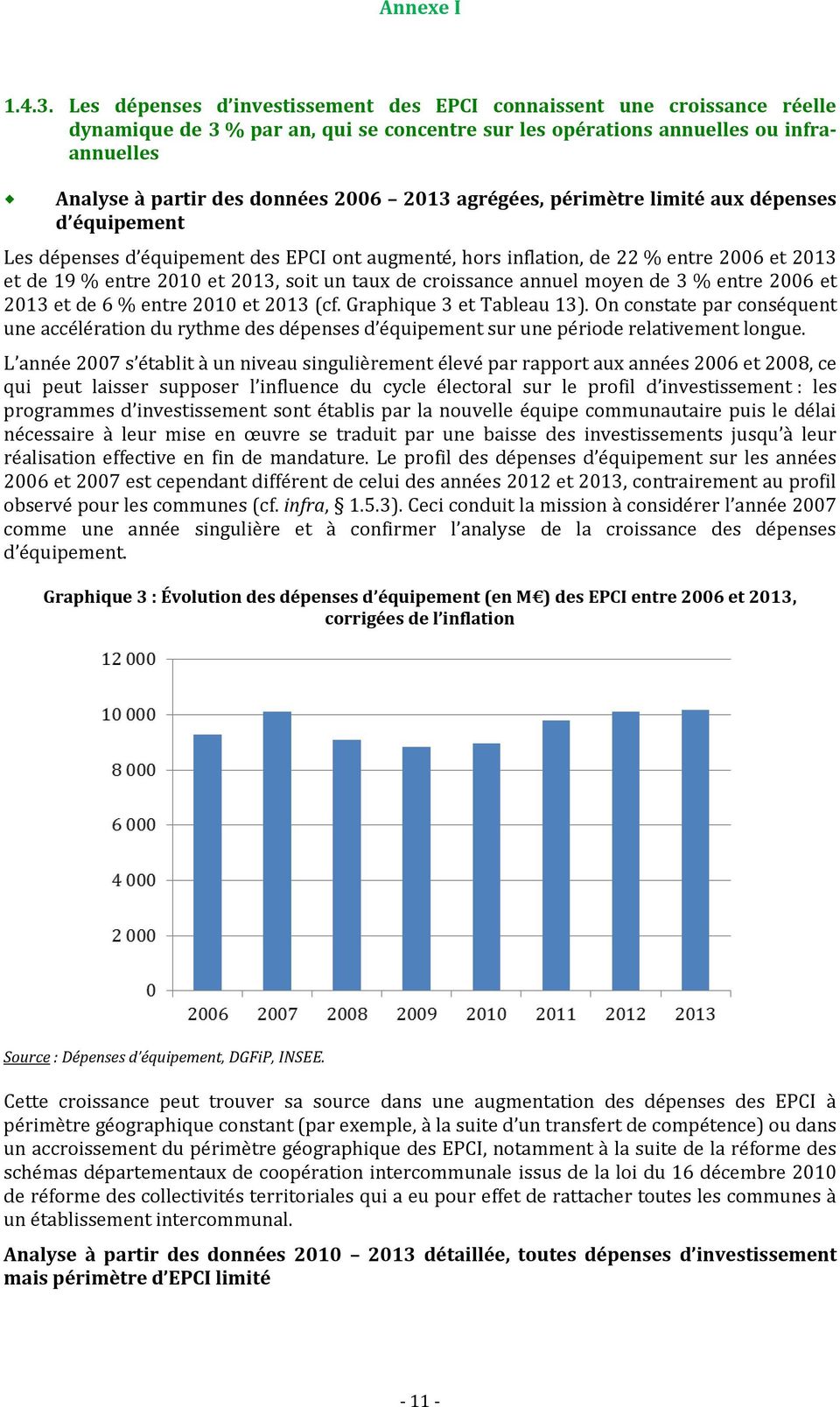 2013 agrégées, périmètre limité aux dépenses d équipement Les dépenses d équipement des EPCI ont augmenté, hors inflation, de 22 % entre 2006 et 2013 et de 19 % entre 2010 et 2013, soit un taux de