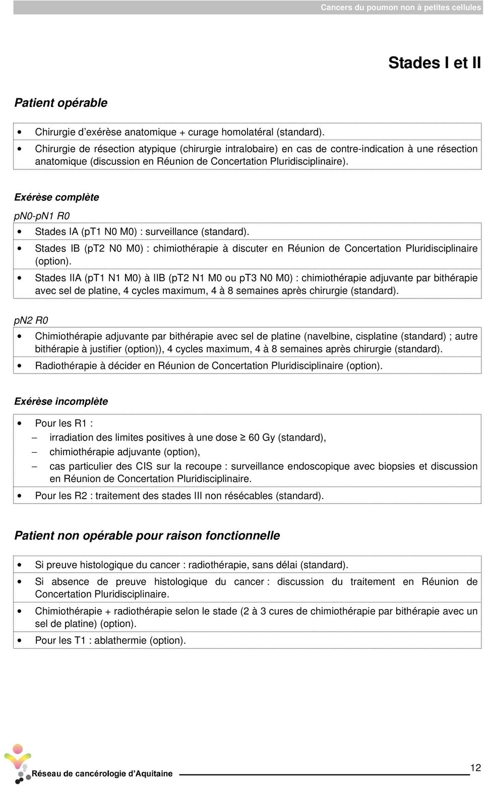 Exérèse complète pn0-pn1 R0 Stades IA (pt1 N0 M0) : surveillance (standard). Stades IB (pt2 N0 M0) : chimiothérapie à discuter en Réunion de Concertation Pluridisciplinaire (option).
