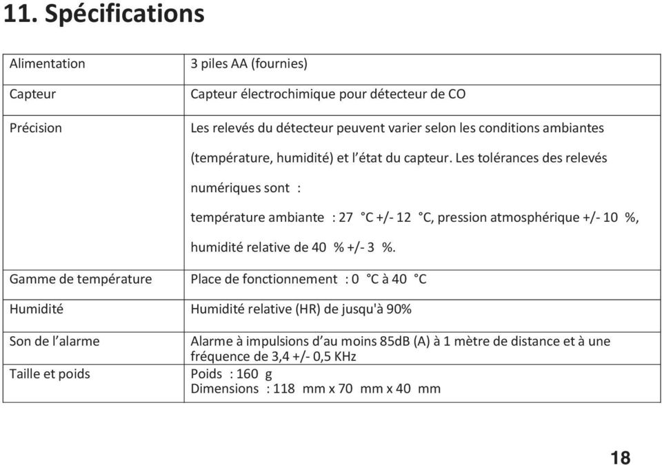 Les tolérances des relevés numériques sont : température ambiante : 27 C +/- 12 C, pression atmosphérique +/- 10 %, humidité relative de 40 % +/- 3 %.