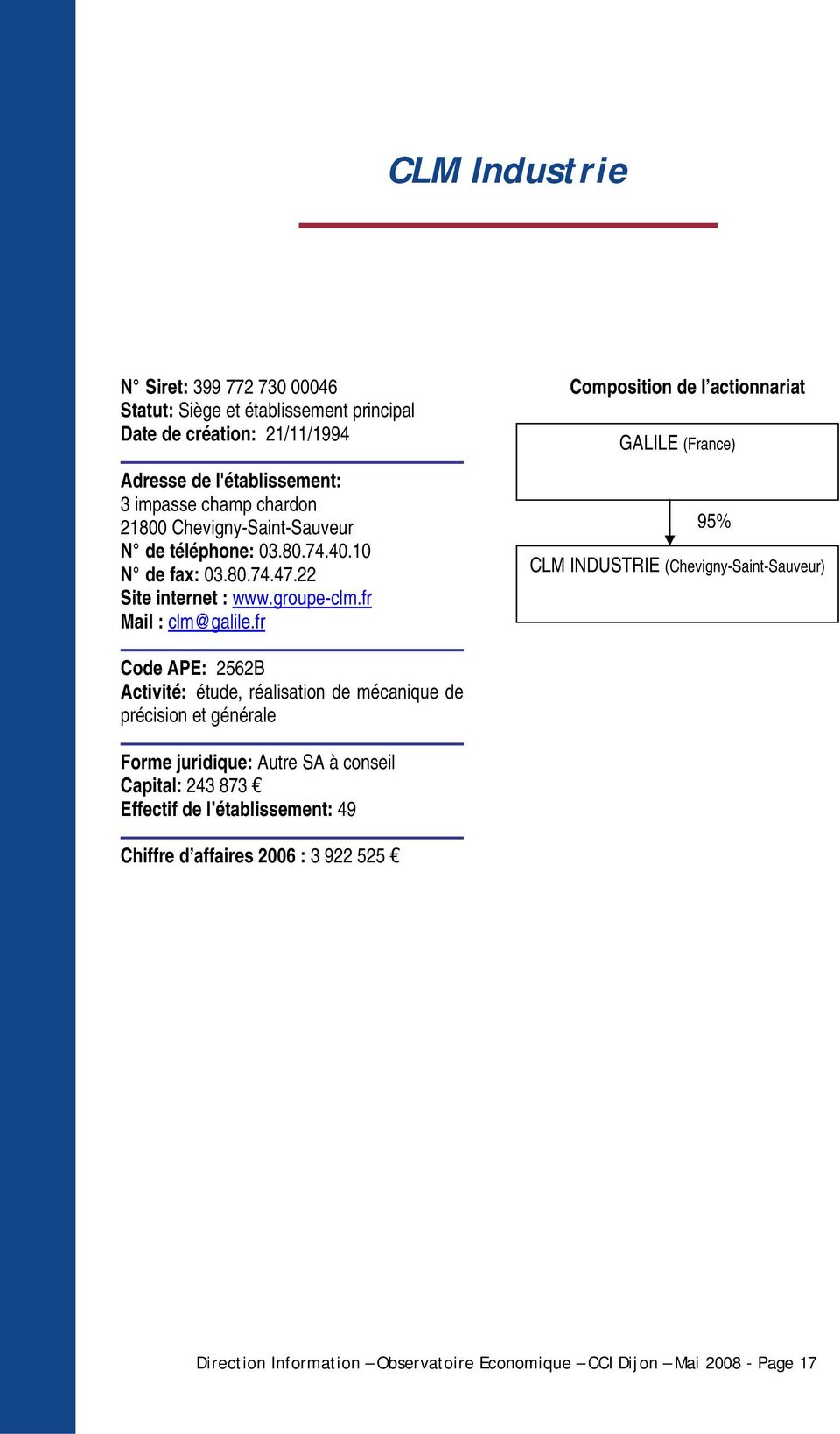 fr GALILE (France) 95% CLM INDUSTRIE (Chevigny-Saint-Sauveur) Code APE: 2562B Activité: étude, réalisation de mécanique de précision et générale Forme