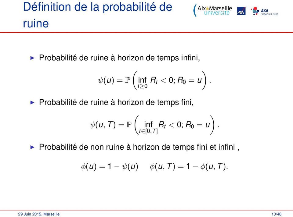 t 0 Probabilité de ruine à horizon de temps fini, ( ) ψ(u, T ) = P inf R t < 0; R 0 =