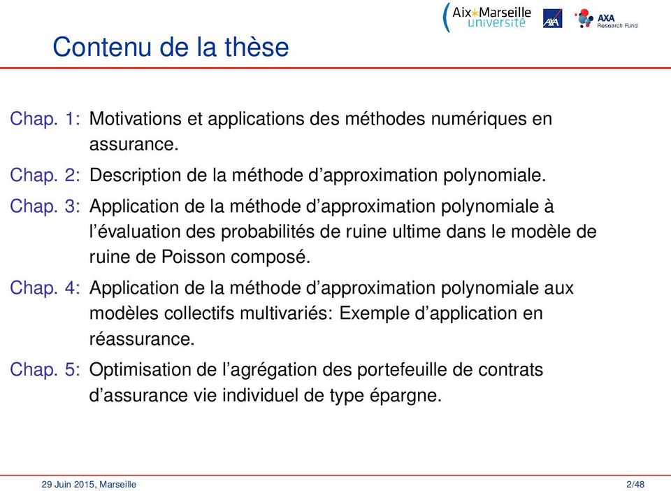 composé. Chap. 4: Application de la méthode d approximation polynomiale aux modèles collectifs multivariés: Exemple d application en réassurance.