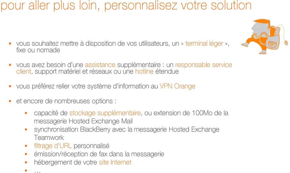 au VPN Orange et encore de nombreuses options : capacité de stockage supplémentaire, ou extension de 100Mo de la messagerie Hosted Exchange Mail synchronisation