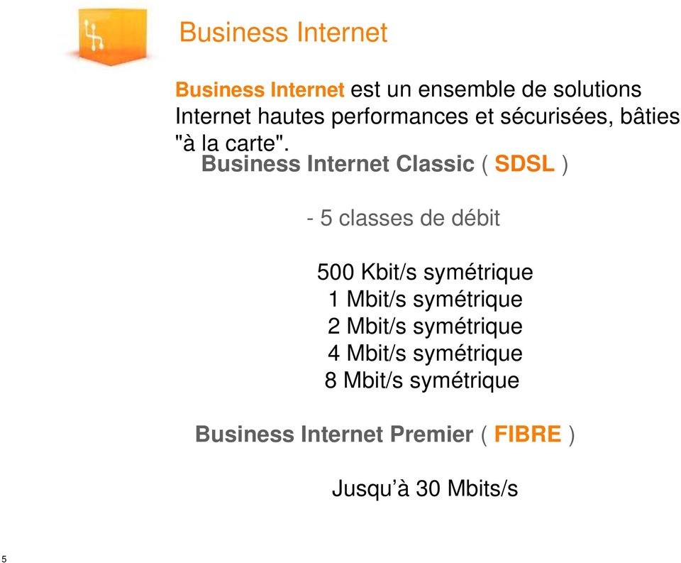Business Internet Classic ( SDSL ) - 5 classes de débit 500 Kbit/s symétrique 1