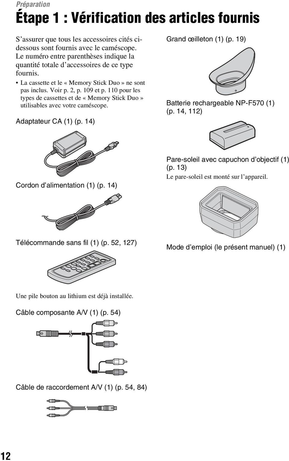 110 pour les types de cassettes et de «Memory Stick Duo» utilisables avec votre caméscope. Adaptateur CA (1) (p. 14) Grand œilleton (1) (p. 19) Batterie rechargeable NP-F570 (1) (p.