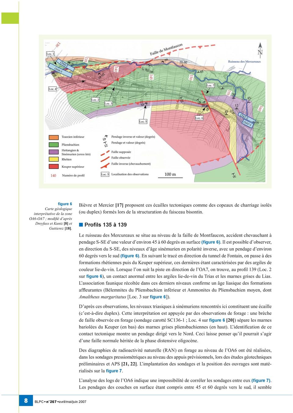 Profils 135 à 139 Le ruisseau des Mercureaux se situe au niveau de la faille de Montfaucon, accident chevauchant à pendage S-SE d une valeur d environ 45 à 60 degrés en surface (figure 6).