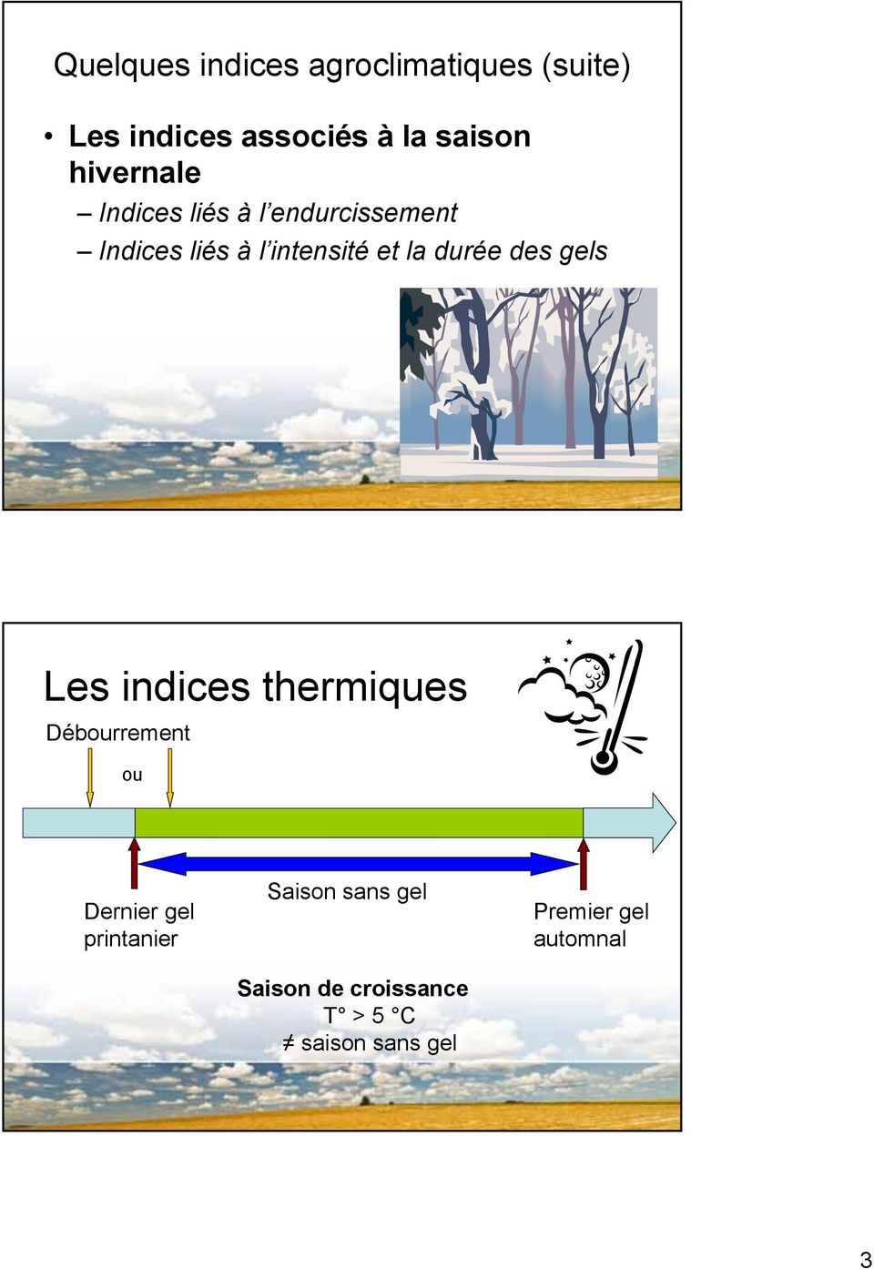 durée des gels Les indices thermiques Débourrement ou Dernier gel printanier