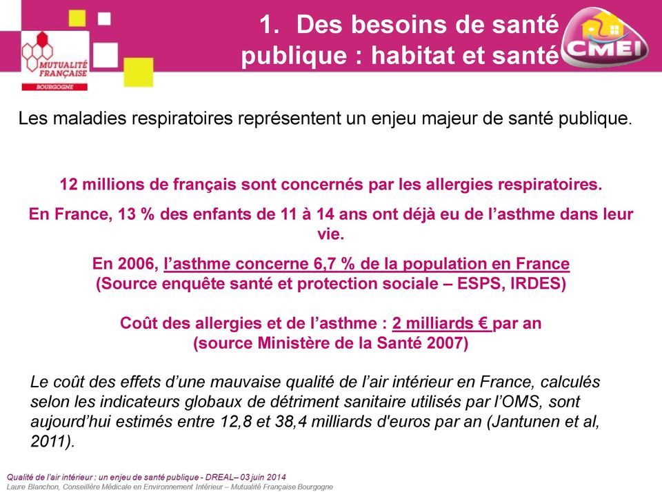 En 2006, l asthme concerne 6,7 % de la population en France (Source enquête santé et protection sociale ESPS, IRDES) Coût des allergies et de l asthme : 2 milliards par an (source