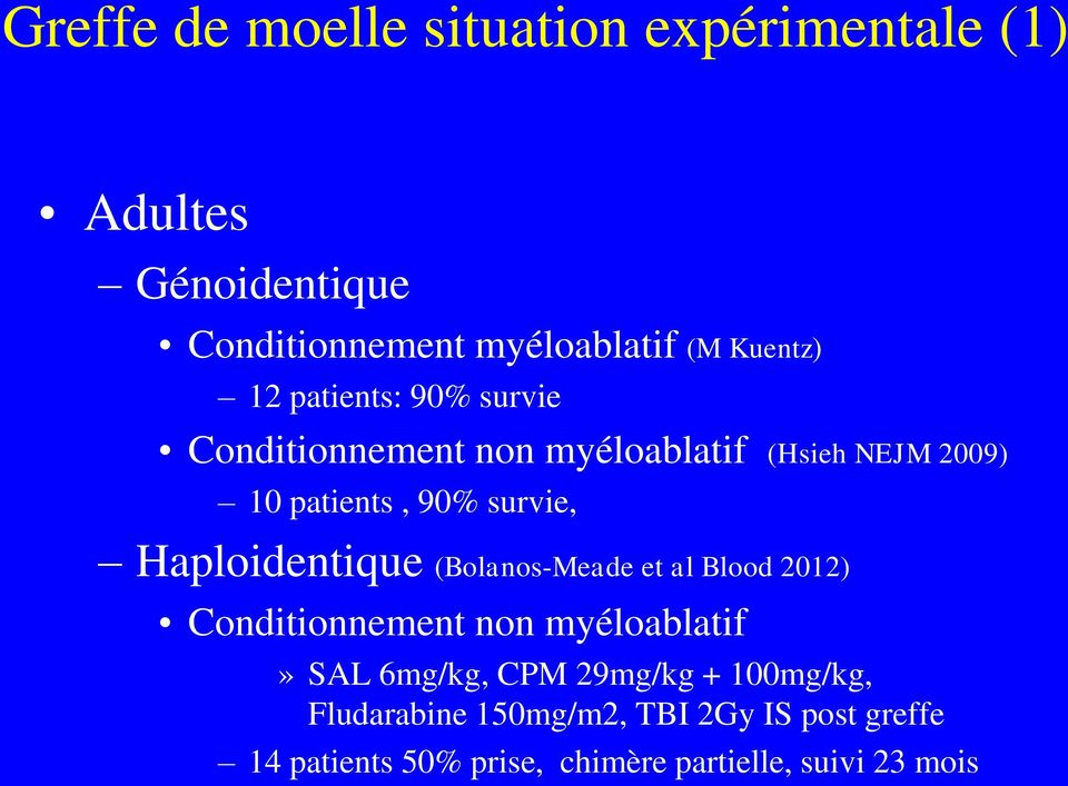 Haploidentique (Bolanos-Meade et al Blood 2012) Conditionnement non myéloablatif» SAL 6mg/kg, CPM 29mg/kg