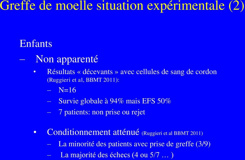 mais EFS 50% 7 patients: non prise ou rejet Conditionnement atténué (Ruggieri et al BBMT