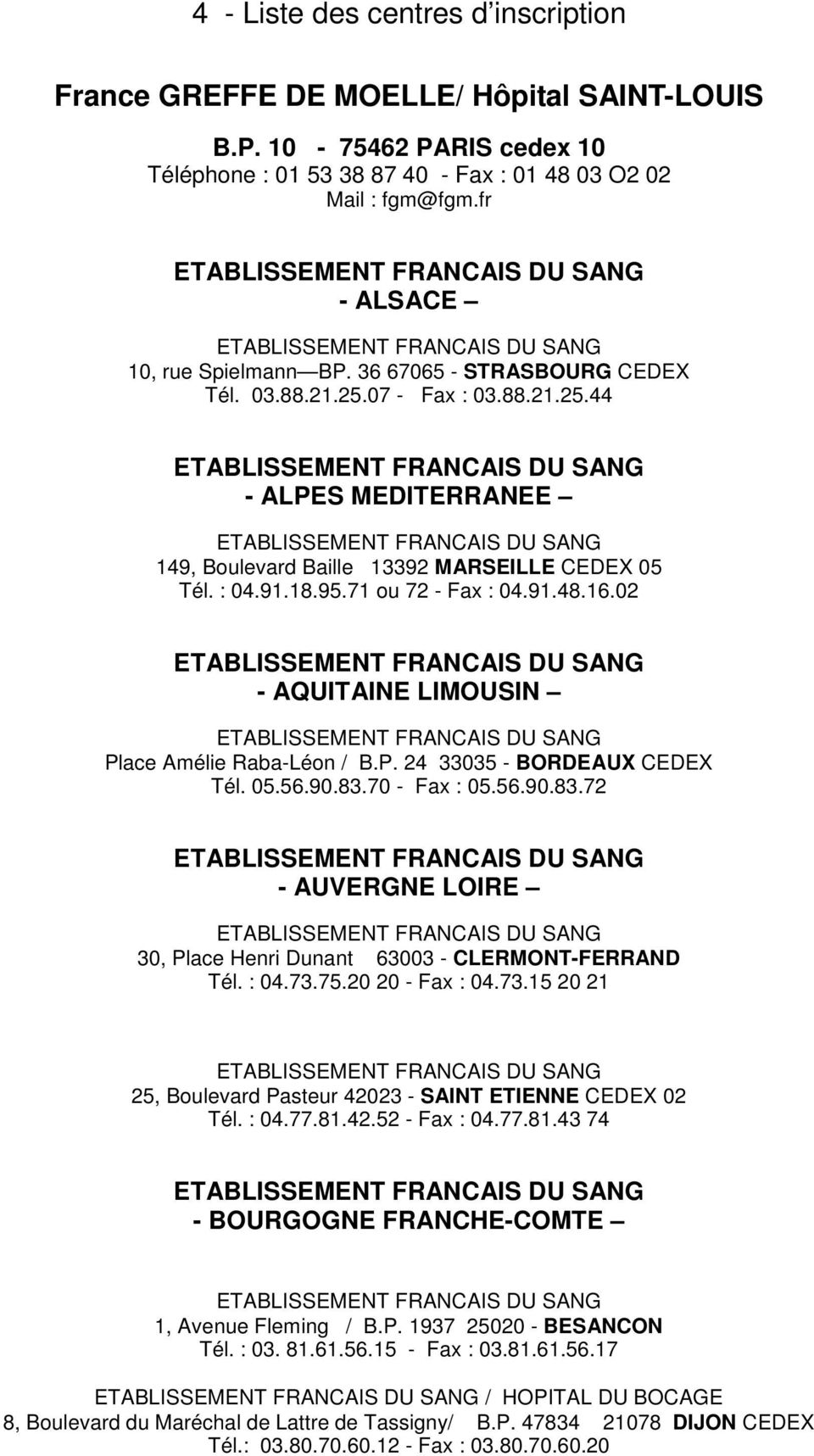 71 ou 72 - Fax : 04.91.48.16.02 - AQUITAINE LIMOUSIN Place Amélie Raba-Léon / B.P. 24 33035 - BORDEAUX CEDEX Tél. 05.56.90.83.70 - Fax : 05.56.90.83.72 - AUVERGNE LOIRE 30, Place Henri Dunant 63003 - CLERMONT-FERRAND Tél.