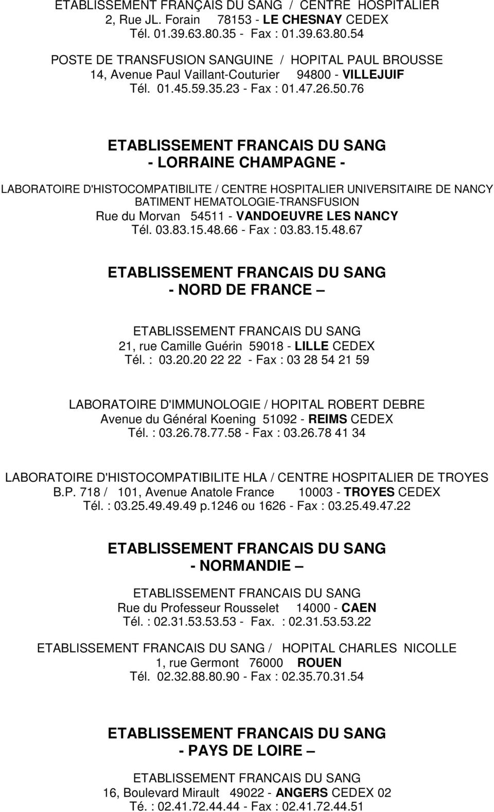 76 - LORRAINE CHAMPAGNE - LABORATOIRE D'HISTOCOMPATIBILITE / CENTRE HOSPITALIER UNIVERSITAIRE DE NANCY BATIMENT HEMATOLOGIE-TRANSFUSION Rue du Morvan 54511 - VANDOEUVRE LES NANCY Tél. 03.83.15.48.