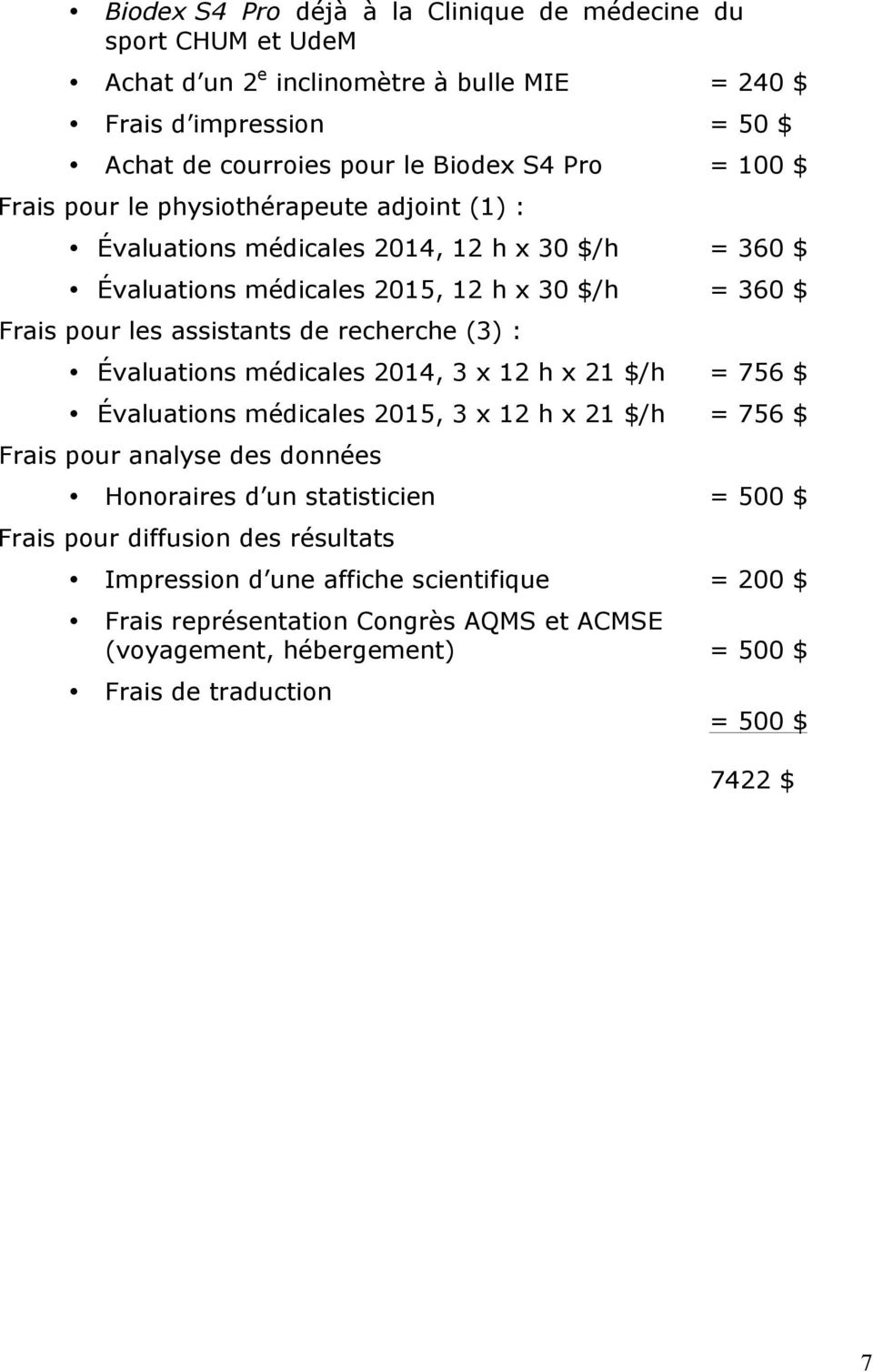 (3) : Évaluations médicales 2014, 3 x 12 h x 21 $/h = 756 $ Évaluations médicales 2015, 3 x 12 h x 21 $/h = 756 $ Frais pour analyse des données Honoraires d un statisticien = 500 $ Frais