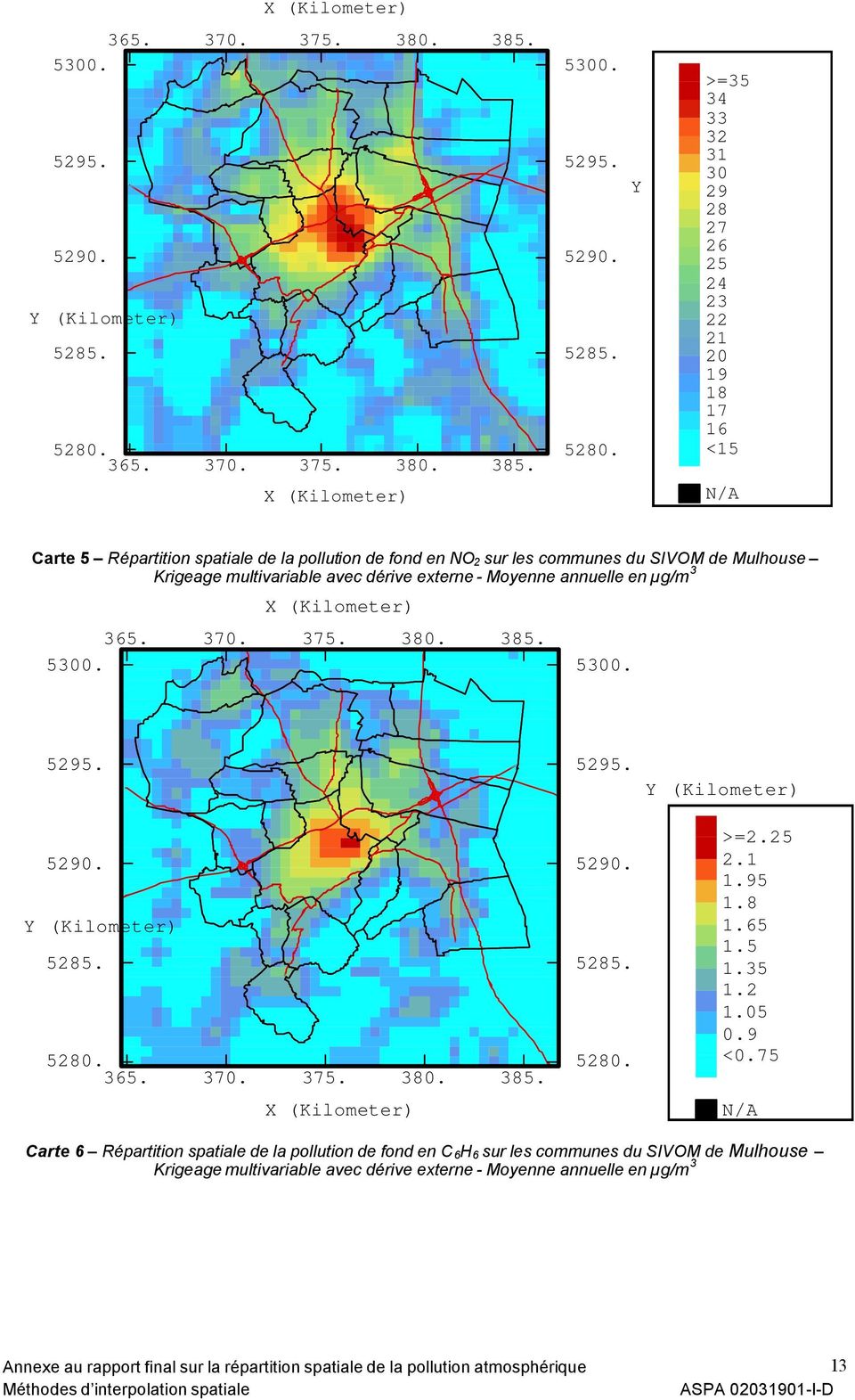 sur les communes du SIVOM de Mulhouse Krigeage multivariable avec dérive externe - Moyenne annuelle en µg/m 3  >=2.25 2.1 1.