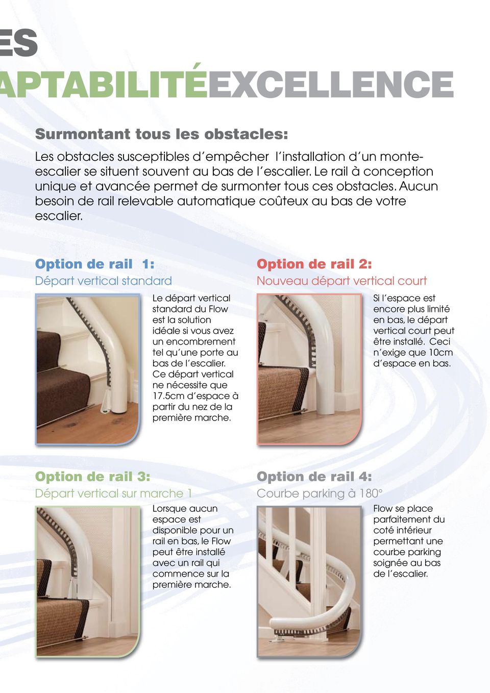 Option de rail 1: Départ vertical standard Le départ vertical standard du Flow est la solution idéale si vous avez un encombrement tel qu une porte au bas de l escalier.