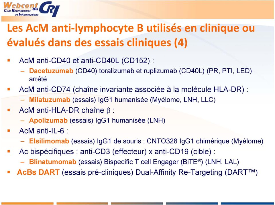 anti-hla-dr chaîne : Apolizumab (essais) IgG1 humanisée (LNH) AcM anti-il-6 : Elsilimomab (essais) IgG1 de souris ; CNTO328 IgG1 chimérique (Myélome) Ac bispécifiques :