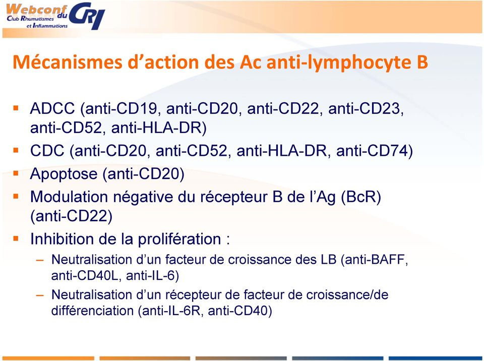 récepteur B de l Ag (BcR) (anti-cd22) Inhibition de la prolifération : Neutralisation d un facteur de croissance des