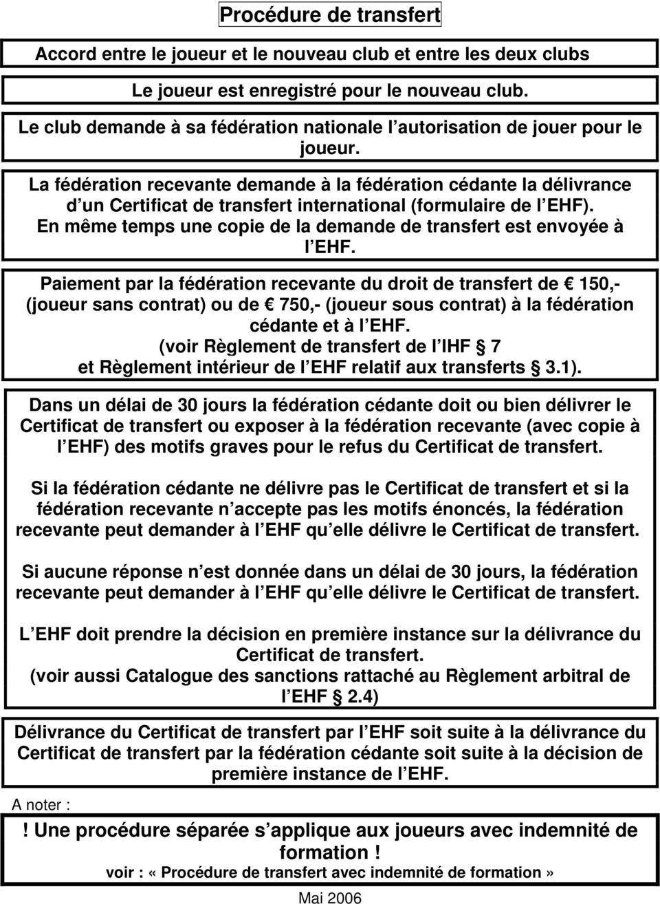 La fédération recevante demande à la fédération cédante la délivrance d un Certificat de transfert international (formulaire de l EHF).