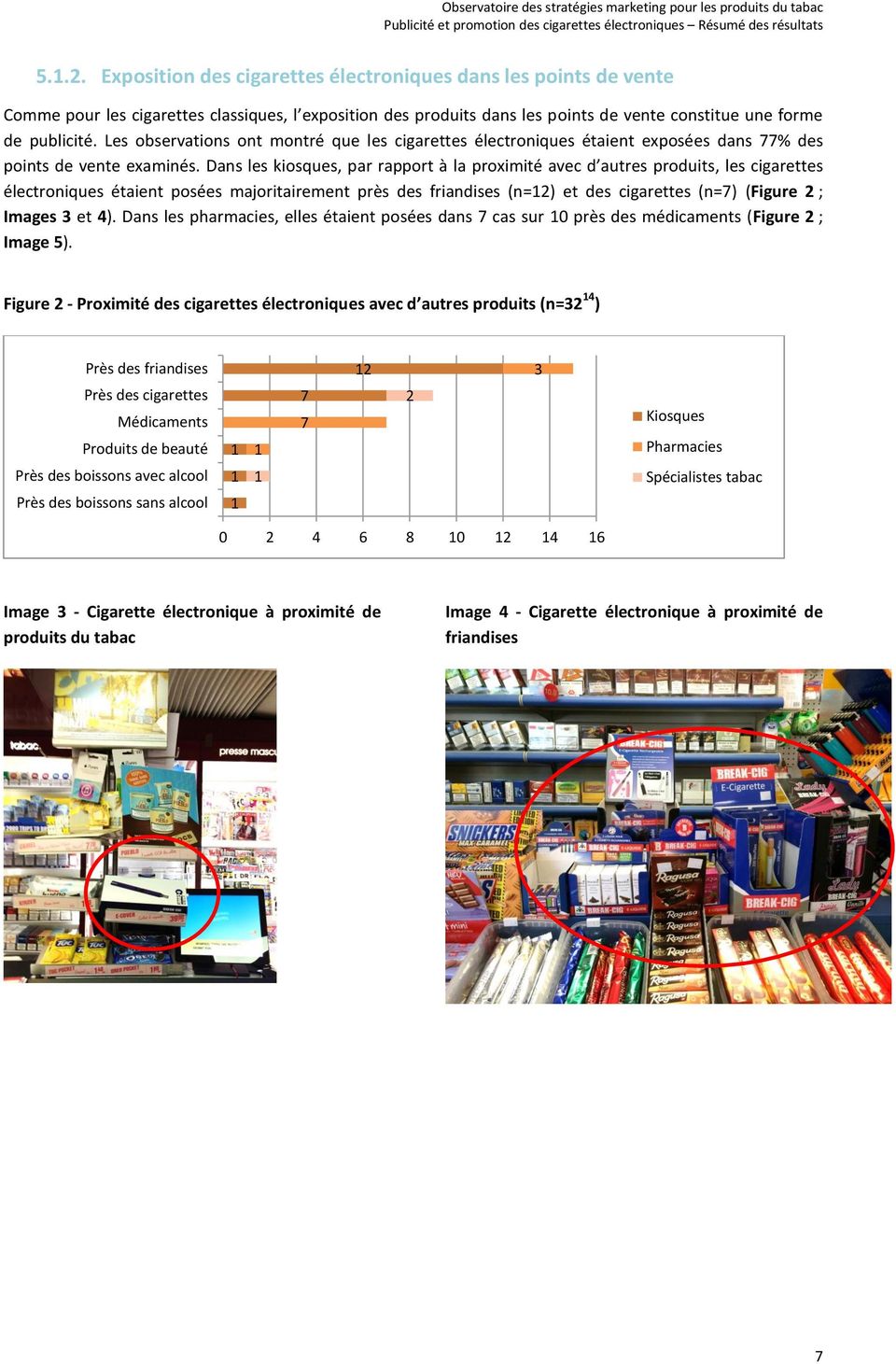 Dans les kiosques, par rapport à la proximité avec d autres produits, les cigarettes électroniques étaient posées majoritairement près des friandises (n=12) et des cigarettes (n=7) (Figure 2 ; Images