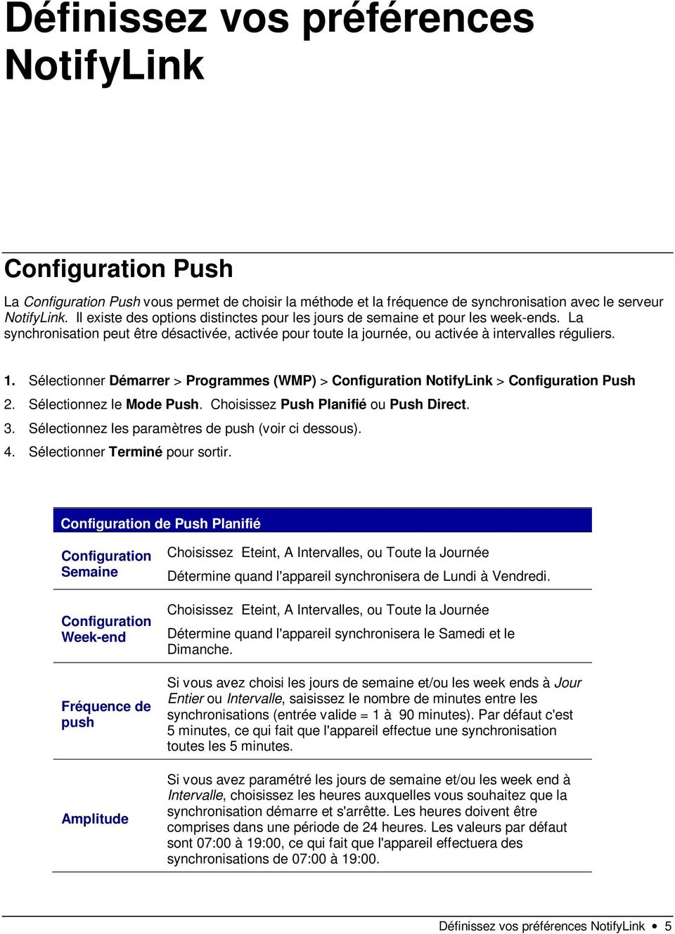 Sélectionner Démarrer > Programmes (WMP) > Configuration NotifyLink > Configuration Push 2. Sélectionnez le Mode Push. Choisissez Push Planifié ou Push Direct. 3.
