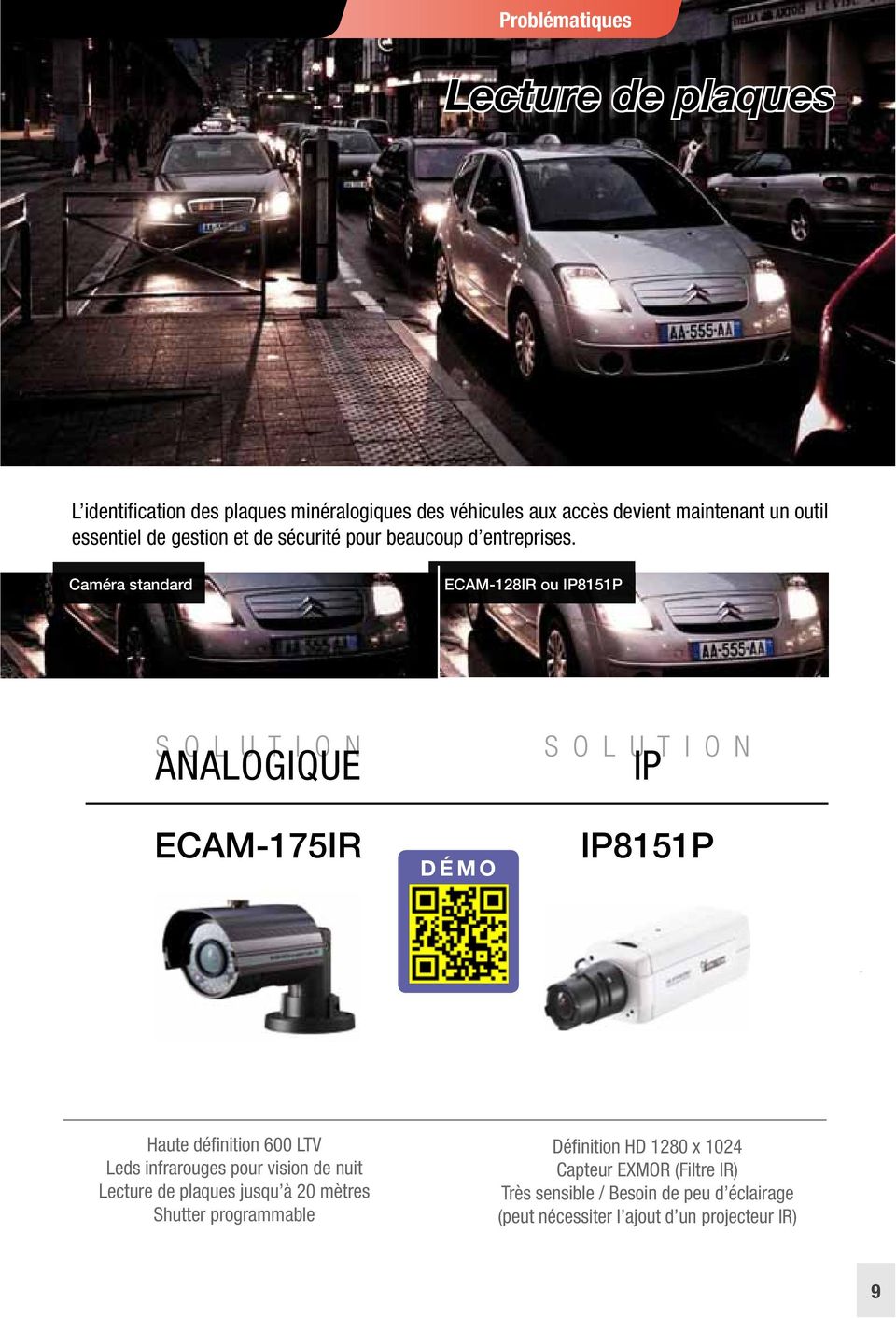 Caméra standard ECAM128IR ou IP8151P S O L U T I O N ANALOGIQUE ECAM175IR Haute définition 600 LTV Leds infrarouges pour vision de nuit Lecture