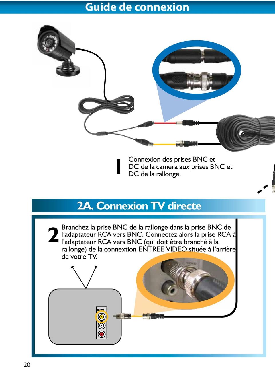 Connexion TV directe la prise BNC de la rallonge dans la prise BNC de l adaptateur RCA vers