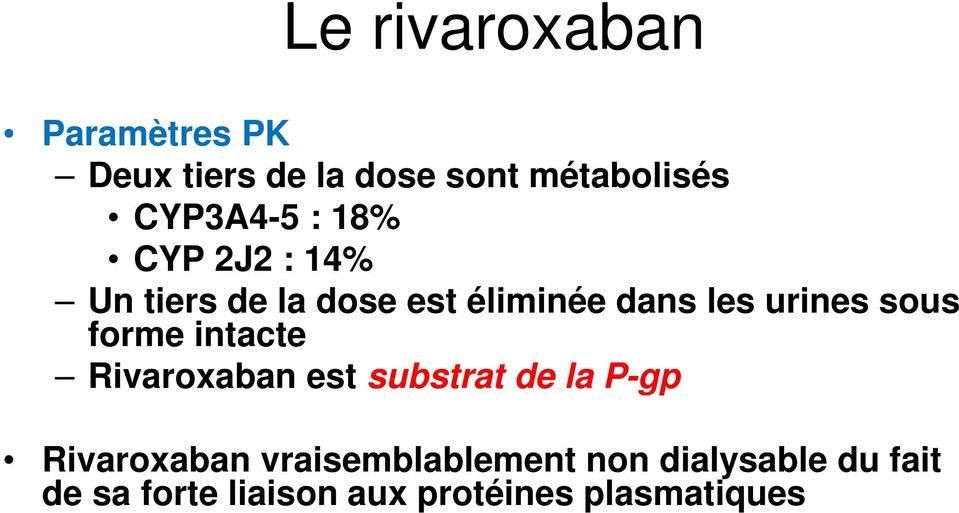 urines sous forme intacte Rivaroxaban est substrat de la P-gp Rivaroxaban