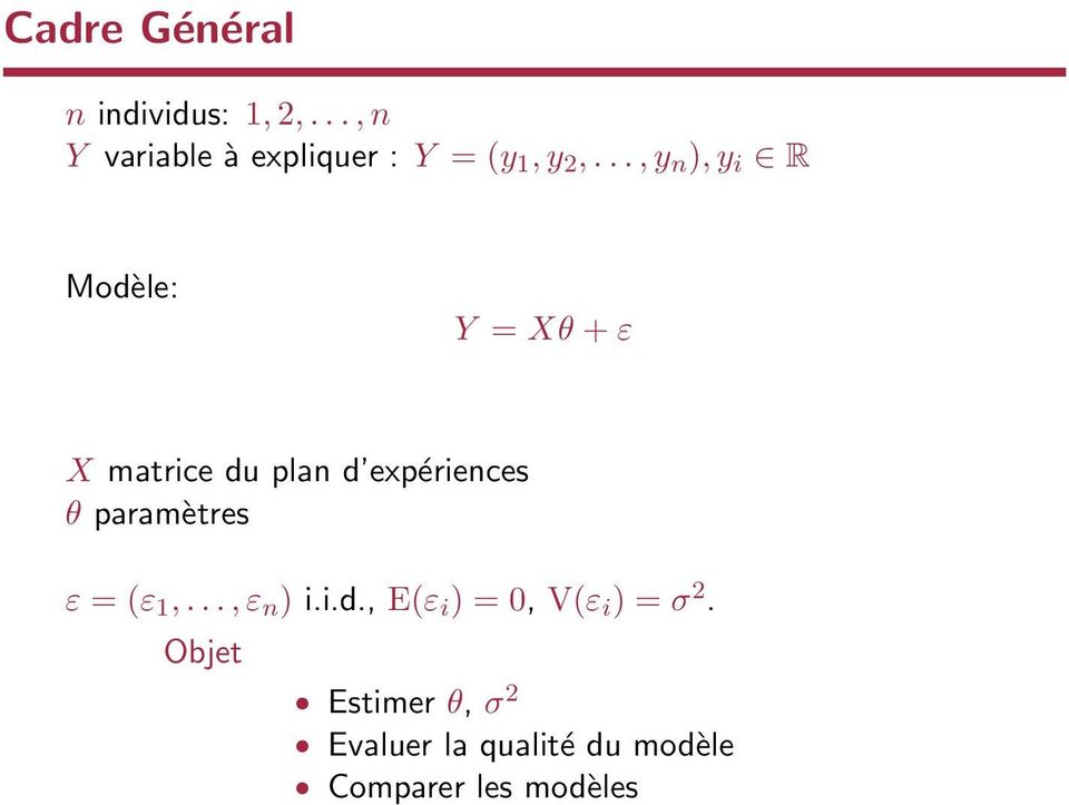 .., y n ), y i R Modèle: Y = Xθ + ε X matrice du plan d expériences θ