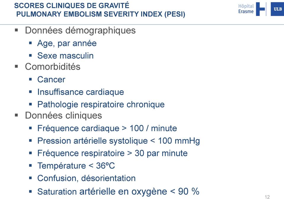 cliniques Fréquence cardiaque > 100 / minute Pression artérielle systolique < 100 mmhg Fréquence
