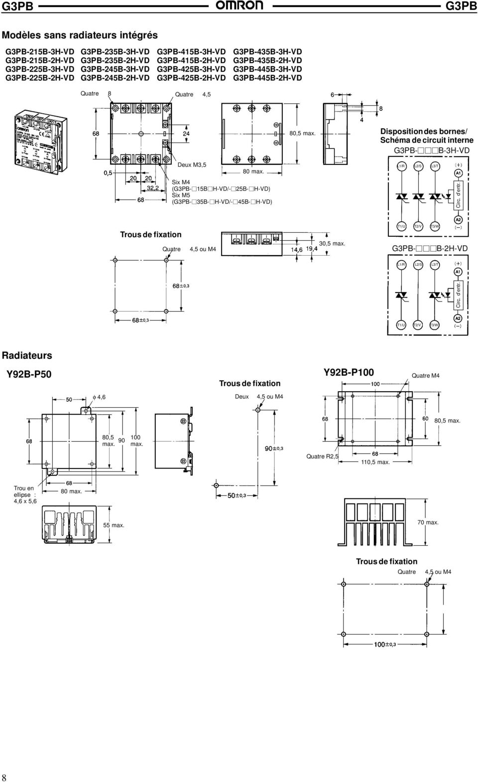 Schéma de circuit interne - B-3H-VD 80 max. Six M4 (- 15B H-VD/- 25B- H-VD) Six M5 (- 35B- H-VD/- 45B- H-VD) Quatre 4,5 ou M4 30,5 max.