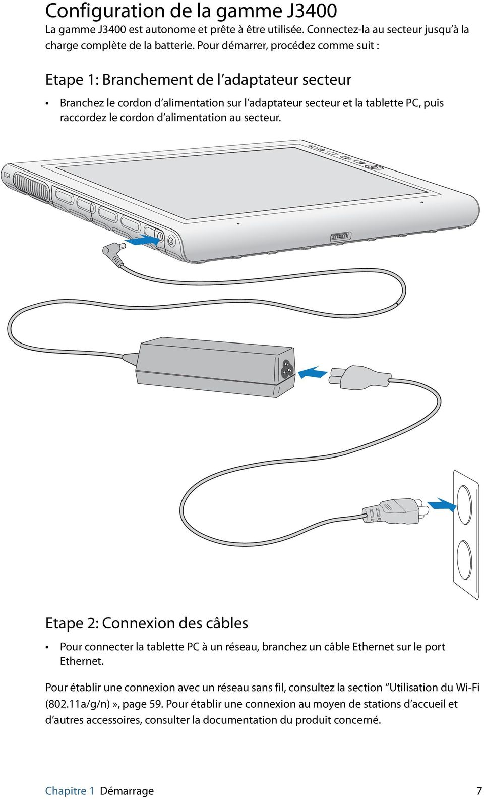 alimentation au secteur. Etape 2: Connexion des câbles Pour connecter la tablette PC à un réseau, branchez un câble Ethernet sur le port Ethernet.