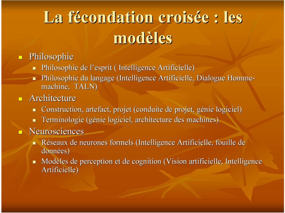 projet, génie g logiciel) Terminologie (génie logiciel, architecture des machines) Neurosciences Réseaux de neurones formels