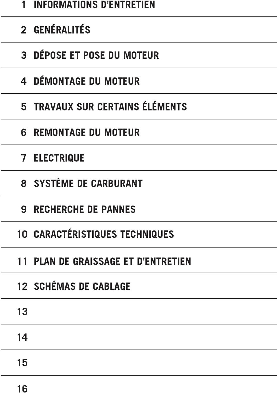 MOTEUR 7 ELECTRIQUE 8 SYSTÈME DE CARBURANT 9 RECHERCHE DE PANNES 0