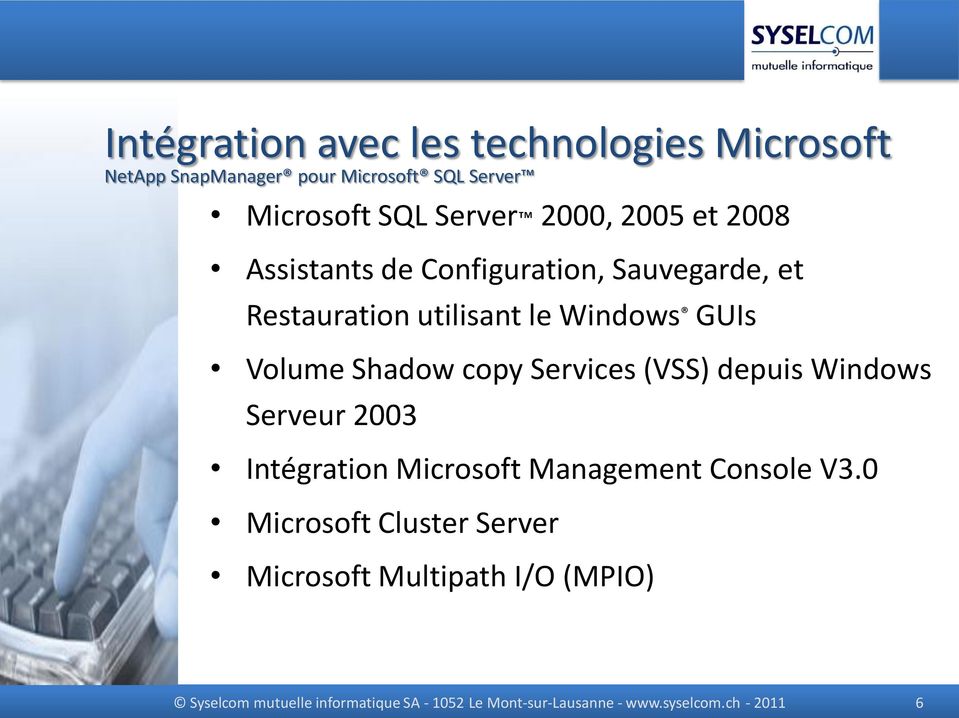 Services (VSS) depuis Windows Serveur 2003 Intégration Microsoft Management Console V3.
